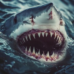 Naklejka premium A close-up of a shark sharp teeth, captured mid-hunt as it swims towards its prey