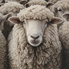 A close-up of a sheep wooly face as it stands among the flock