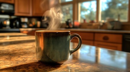 Steaming Mug Of Coffee Sits On Kitchen Counter