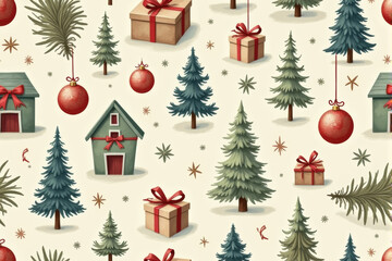 An intricate Christmas pattern featuring detailed baubles, stars, and bells, arranged in a hand-drawn style for a festive seasonal vibe..