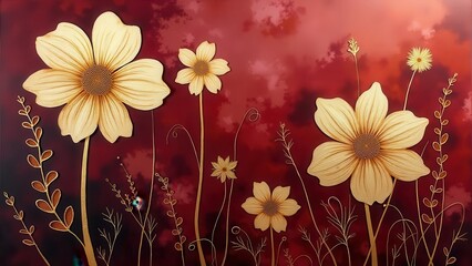 Obraz premium Golden streaks.Experience the grandeur of elegant golden floral arrangements artfully depicted upon a rich burgundy watercolor sheath, accentuated by swirling threads of rose gold kelp-like structures