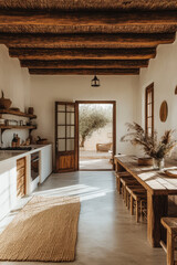 Fototapeta premium Warm and inviting kitchen with rustic decor and a sunny outdoor view