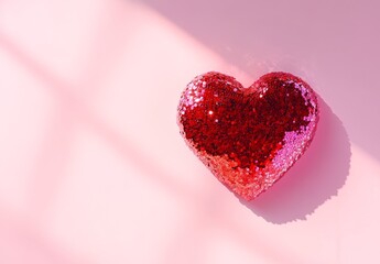 Fototapeta premium A heart shape made of red sequins on a pastel pink background