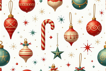 A cheerful Christmas pattern featuring colorful ornaments, candy canes, holly, and stars, arranged in vibrant and festive holiday colors..