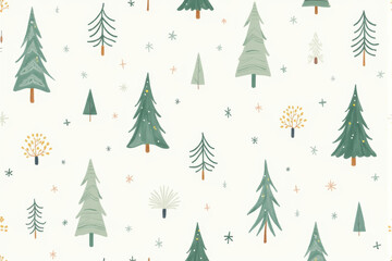 A cozy snow-themed Christmas pattern showcasing intricate snowflakes, soft winter tones, and snowy trees for a warm, festive design..