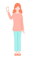 Full-body illustration of a young woman holding up a smartphone in her hand.