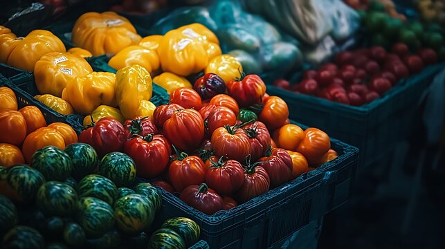 Colorful bell peppers and tomatoes in market crates.