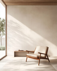 Modern living space featuring a minimalist chair and natural light in a serene environment