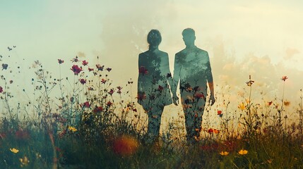 Wilderness Love Strolls, Two Figures Strolling Through a Serene Meadow
