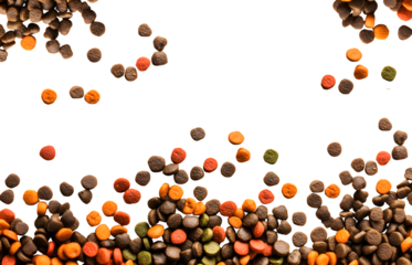 Colourful animal pet, cat, dog kibble kibbles dry dried food scattered flat lay composition top view on transparent background cutout, PNG file. Mockup template for artwork. Wallpaper banner border