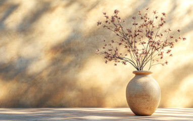 Delicate dried flowers in a rustic vase against a blurred golden background