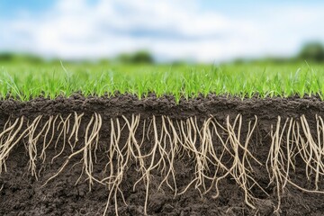 Chemical compounds leaching into earth with roots battling against environmental toxins.
