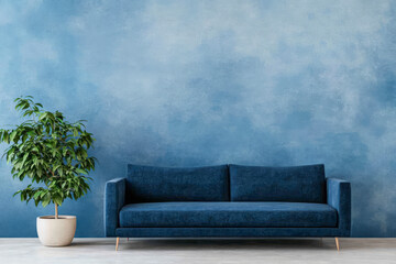 Cozy living room setup with blue couch and indoor plant against textured wall