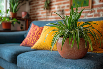 Cozy living room featuring a vibrant sofa and a decorative plant on the side table
