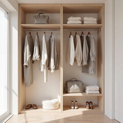Minimalist wooden wardrobe with neatly organized clothing, modern storage