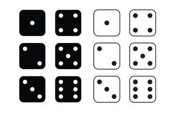 Game dice Icon with side of cube from one to six number. Set of black icon sided for gamble. Dot on cube of casino
