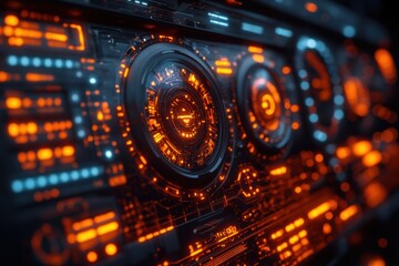 Obraz premium A futuristic interface with glowing orange and blue elements, resembling a digital control panel.