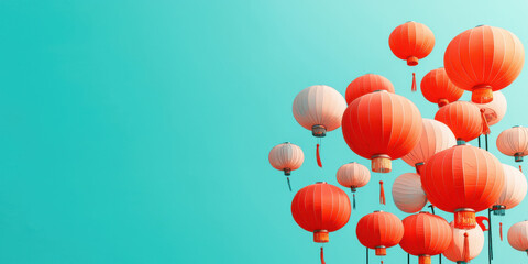 Bright red lanterns against turquoise background create festive atmosphere