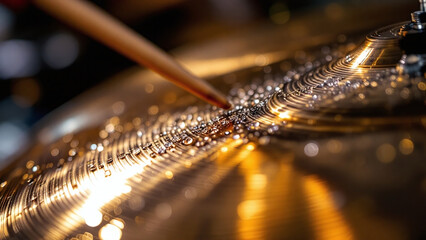 Drum cymbal with droplets of water, reflecting light, showcasing musical artistry.