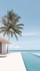 Fototapeta premium Luxurious beachfront villa with infinity pool and palm trees overlooking the ocean