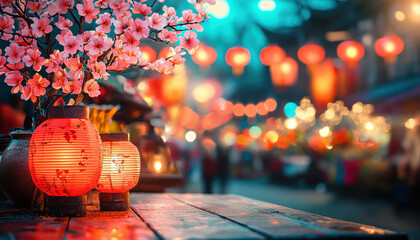 Red lanterns and cherry blossoms create vibrant street market scene