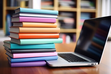 Artistic view of a laptop and books on a wooden table, perfect for study or work
