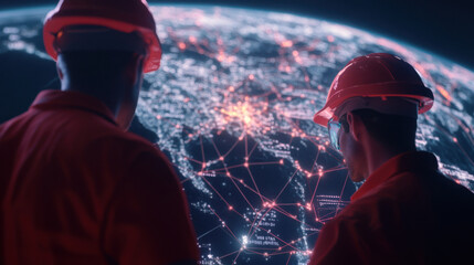 Engineers analyzing holographic map of global network, showcasing advanced technology and connectivity. Their focus reflects importance of data in modern engineering