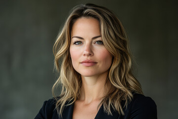 Naklejka premium Portrait of a confident woman with wavy hair against a simple background