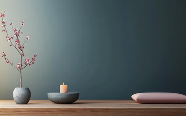 Minimalist decor featuring a flower vase candle and cushion on a wooden surface