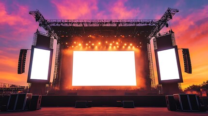 Majestic Stage Concert with Three blank white screen, sound system and lighting truss at sunset