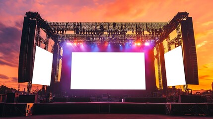 Majestic Stage Concert with Three blank white screen, sound system and lighting truss at sunset