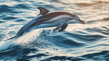 Fototapeta premium A dolphin leaping out of the ocean, the sunlight reflecting off its smooth, wet skin