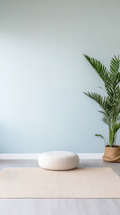 Minimalist indoor space with a meditation cushion and a potted plant near a pale blue wall