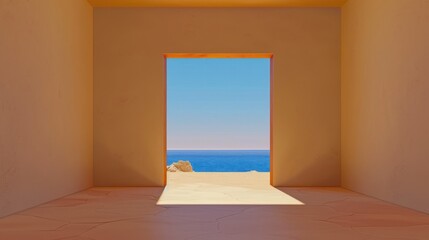 Tropical View in Beige Living Room - A serene and airy living room with neutral beige tones and a stunning panoramic window showcasing a tropical paradise.