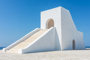 Modern architectural monument by the sea with steps and arches under a clear blue sky