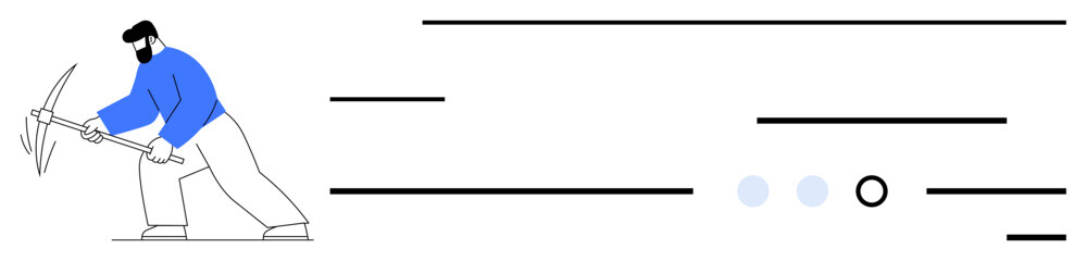 Man using a pickaxe, mining with determination amid abstract lines and dots. Ideal for technology, cryptocurrency, financial services, digital economy, data analysis, innovation, startup. Line