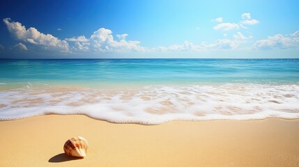 Obraz premium Serene Beach Scene with Shell on Sand and Calm Blue Waters