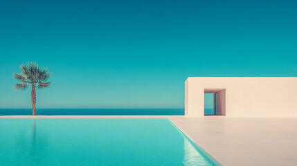Fototapeta premium Elegant modern poolside with serene ocean view and palm tree under bright blue sky