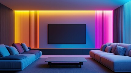 A modern living room featuring stylish sofas, a central coffee table, and vibrant LED lighting in various colors illuminating the walls.