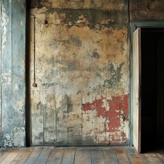 Rustic Vintage Wall with Weathered Paint and Open Doorway in an Abandoned Building Interior