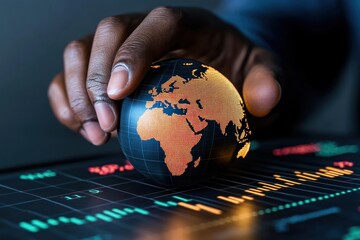 Global Business Growth: African Entrepreneur Analyzing Graph Chart with Earth Globe in the Background