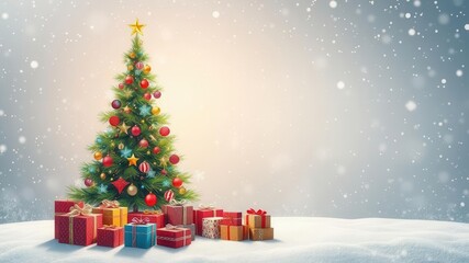 Fototapeta premium Abstract Christmas tree illustrations with colorful gifts and ornaments, set, holiday, Christmas trees