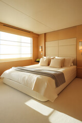 Fototapeta premium Modern bedroom design featuring natural light and a neutral color palette