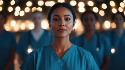 Naklejka premium Dedicated healthcare personnel in scrubs standing united under a warm, glowing light, embodying hope and teamwork.