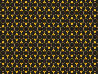 Elegant seamless geometric pattern with gold triangles and hexagons on a black background.