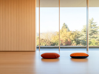 Cozy meditation space with cushions and large glass windows overlooking nature