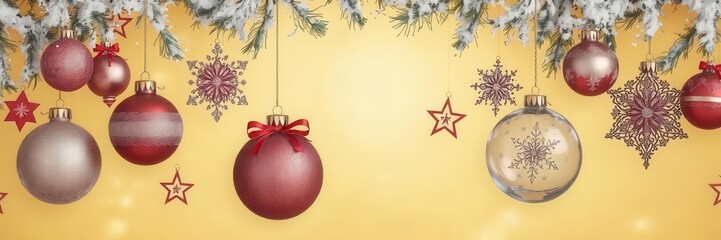Christmas ornaments in a variety of shapes and designs, hanging elegantly against a gold isolated background, gleaming, holiday, adornment