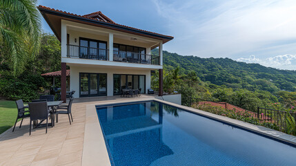 Obraz premium Luxurious villa with pool and stunning mountain view in a tropical paradise