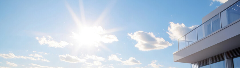 Bright sunlight shines over modern urban building with balcony, creating vibrant atmosphere. clear blue sky and fluffy clouds enhance serene environment