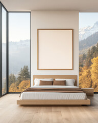 Modern bedroom with mountain view and empty frame showcasing autumn colors